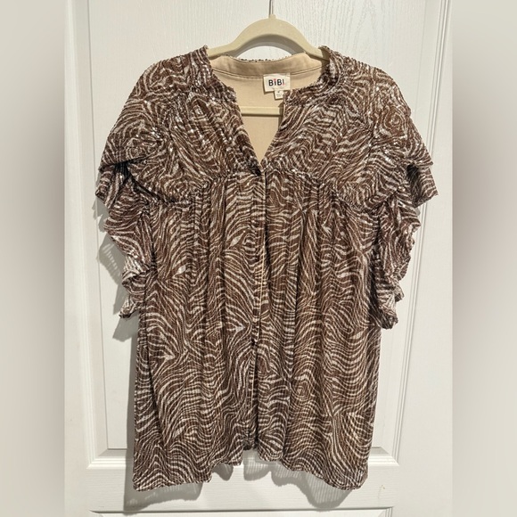 BiBi Tops - BiBi Brown and White sequin Zebra Print Blouse